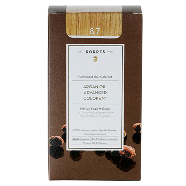 Korres Argan Oil Advanced Colorant 8.7 Καραμέλα Μόνιμη Βαφή Μαλλιών με Τεχνολογία Pigment Lock που  κλειδώνει το Χρώμα, 50ml