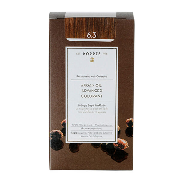 Korres Argan Oil Advanced Colorant 6.3 Ξανθό Σκούρο Μελί Μόνιμη Βαφή Μαλλιών με Τεχνολογία Pigment Lock  που κλειδώνει το Χρώμα, 50ml
