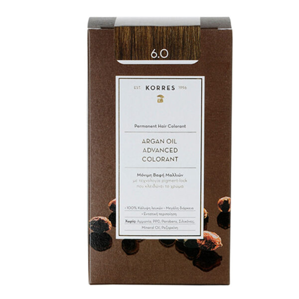 Korres Argan Oil Advanced Colorant 6.0 Ξανθό Σκούρο Φυσικό Μόνιμη Βαφή Μαλλιών με Τεχνολογία Pigment  Lock που κλειδώνει το Χρώμα, 50ml