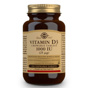 Solgar Vitamin D3 1000 IU (25μg) Συμπλήρωμα Διατροφής Μασώμενης Βιταμίνης D3 με Γεύση Μπανάνα - Φράουλα, Ιδανικό για την Υγεία Οστών & Αρθρώσεων, 100 chew. tabs