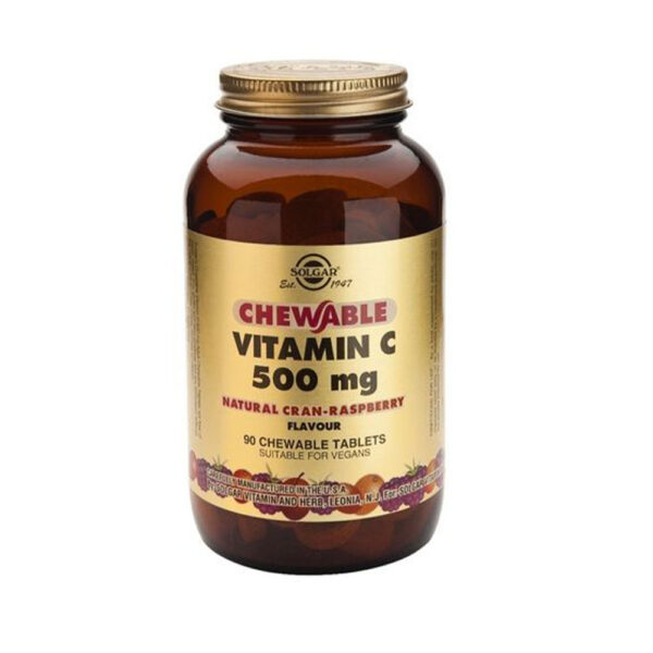 Solgar Chewable Vitamin C 500mg Raspberry  Μασώμενες Ταμπλέτες Βιταμίνη C για Ενίσχυση Ανοσοποιητικού, Πρόληψη & Αντιμετώπιση Κρυολογήματος με Γεύση Σμέουρο, 90chew. tabs