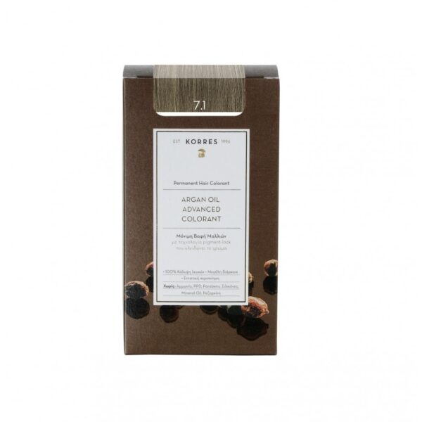 Korres Argan Oil Advanced Colorant 7.1 Ξανθό Σαντρέ Μόνιμη Βαφή Μαλλιών με Τεχνολογία Pigment Lock που  κλειδώνει το Χρώμα, 50ml