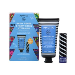 Apivita Happy Hands & Merry Kisses Hypericum Κρέμα για Ξηρά-Σκασμένα Χέρια 50ml & Lip Care με Βούτυρο Κακάο SPF20, 4,4gr