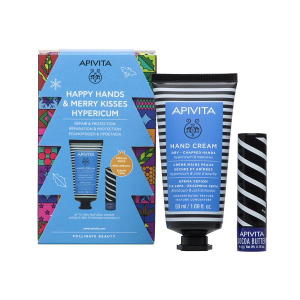 Apivita Happy Hands & Merry Kisses Hypericum Κρέμα για Ξηρά-Σκασμένα Χέρια 50ml & Lip Care με Βούτυρο Κακάο SPF20, 4,4gr