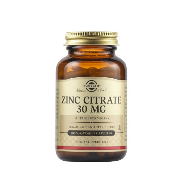 Solgar Zinc Citrate 30mg Συμπλήρωμα Διατροφής Κιτρικού Ψευδαργύρου, 100 φυτοκάψουλες